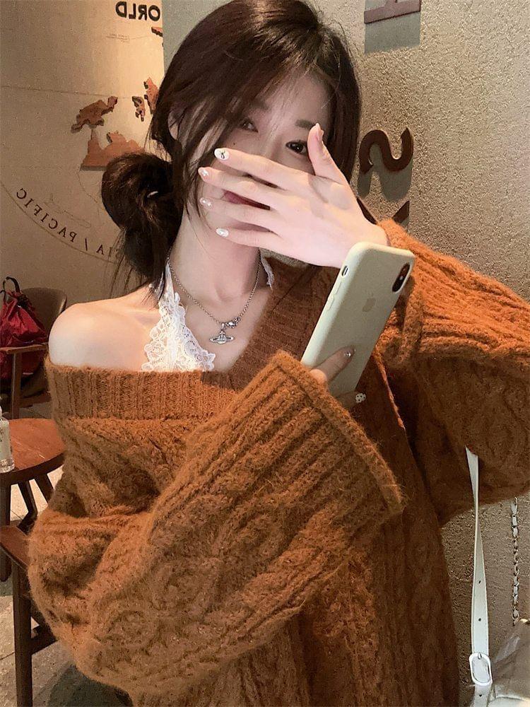 V-Neck Plain Cable Knit Oversized Sweater Product Image