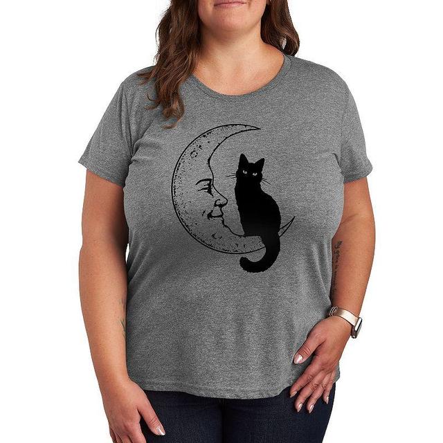 Plus Black Cat On Moon Graphic Tee, Womens Grey Gray Product Image