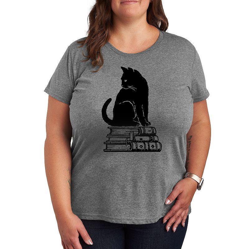 Plus Black Cat Books Graphic Tee, Womens Grey Gray Product Image