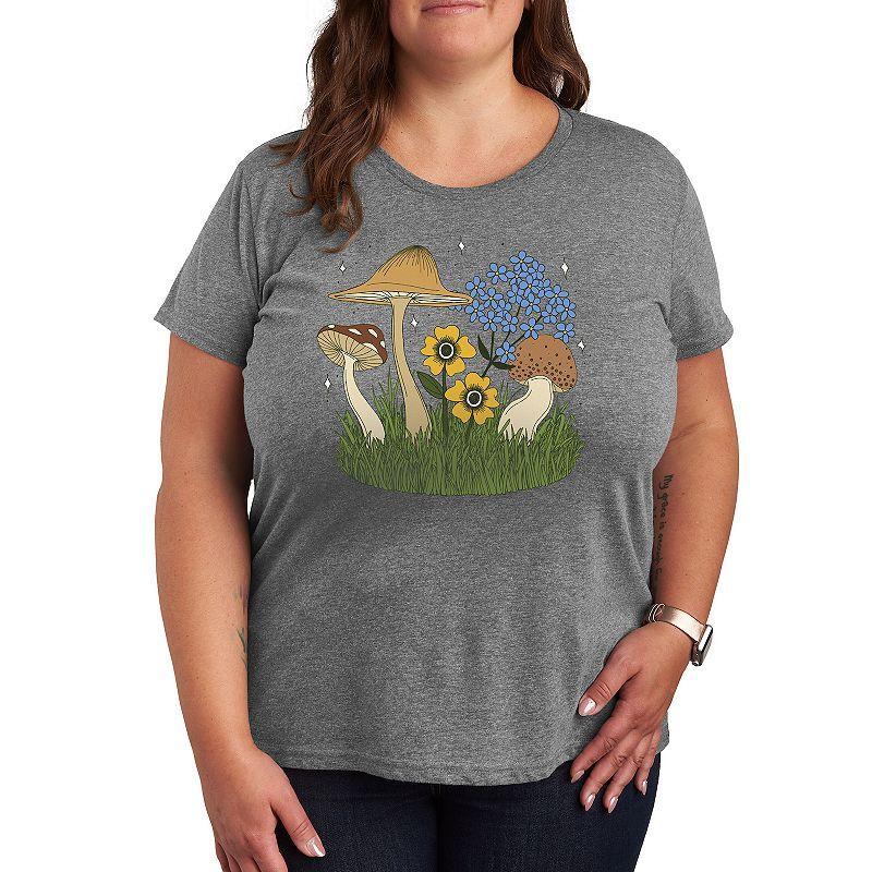 Plus Colorful Mushrooms and Flowers Graphic Tee, Womens Grey Gray Product Image