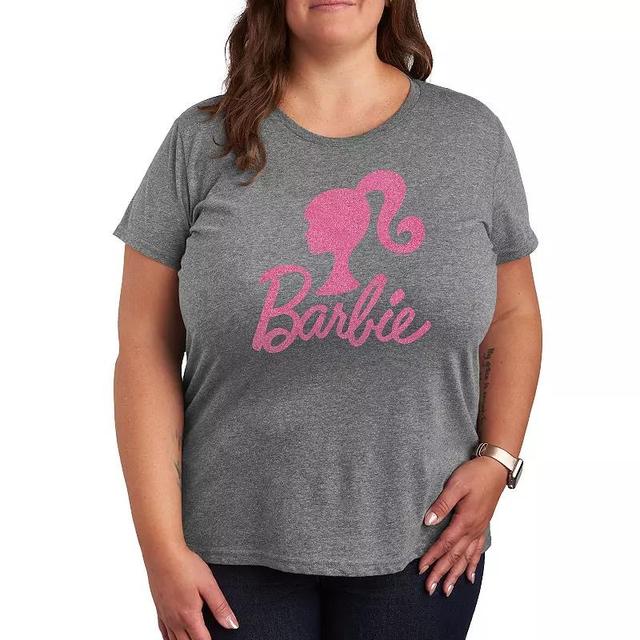 Plus Barbie Logo Pink Glitter Graphic Tee, Womens Grey Gray Product Image