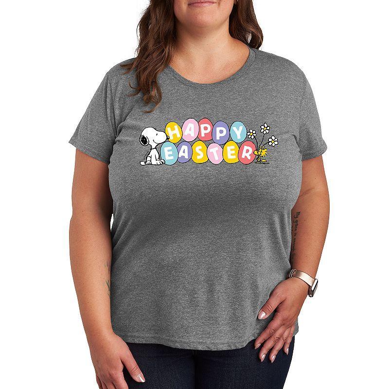 Plus Peanuts Snoppy & Woodstock Happy Easter Color Eggs Graphic Tee, Womens Grey Gray Product Image