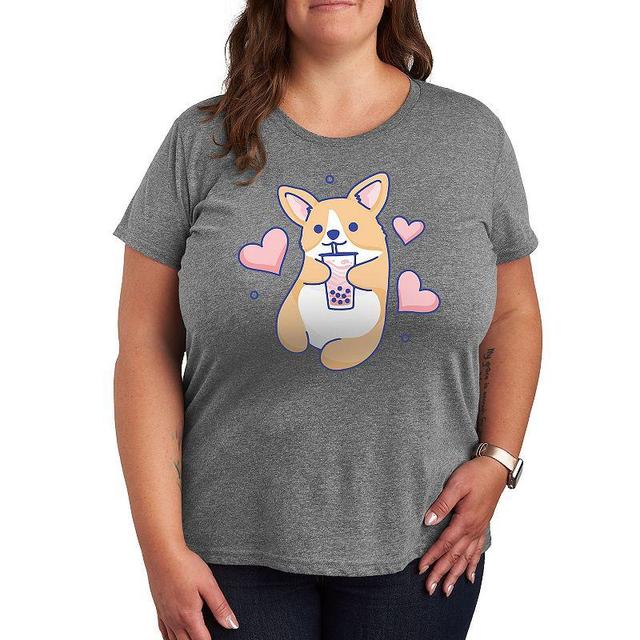 Plus Corgi With Boba Graphic Tee, Womens Grey Gray Product Image