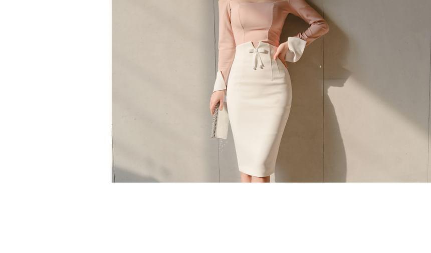 High Waist Plain Bow Accent Pencil Skirt Product Image