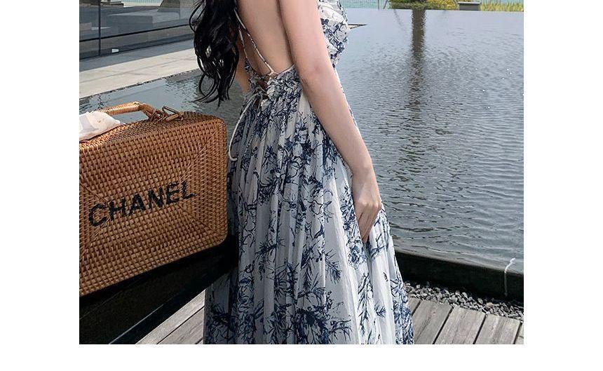 Spaghetti Strap Floral Print Backless Maxi A-Line Wrap Dress Product Image