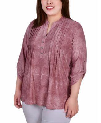 Plus Size 3/4 Roll Tab Sleeve Y-Neck Top Product Image