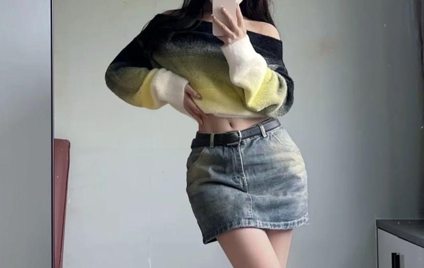 Off-Shoulder Gradient Fluffy Crop Sweater Product Image