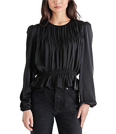 Steve Madden Womens Pyper Washed-Satin Shirred-Yoke Peplum Top Product Image