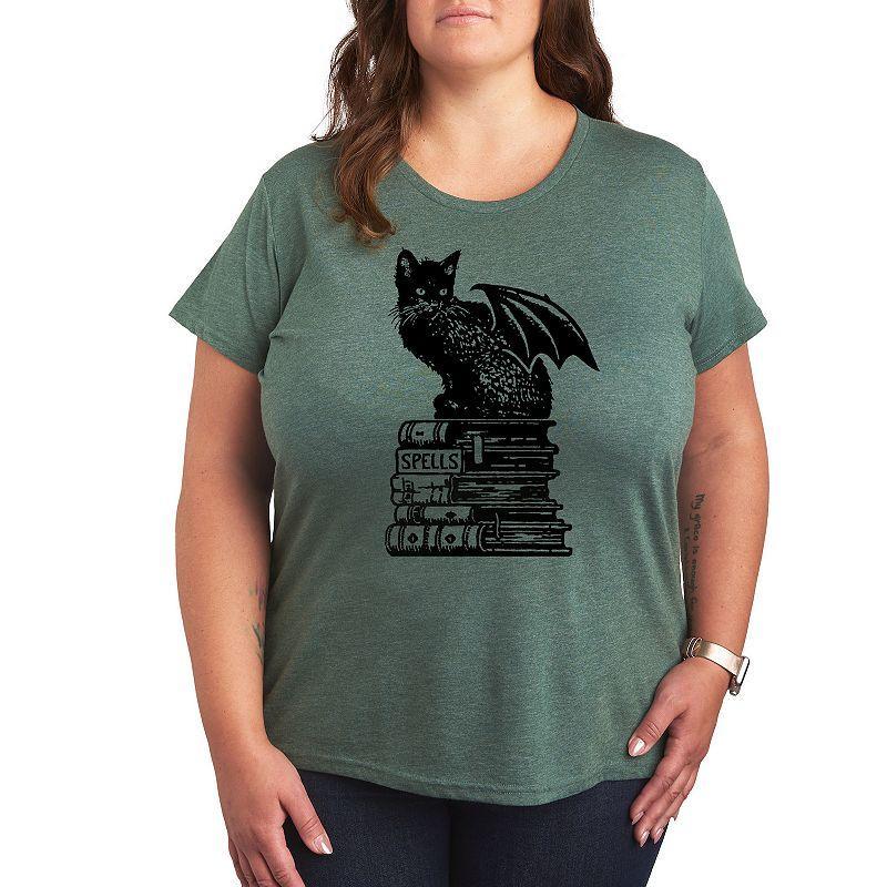 Plus Size Spells Cat Graphic Tee, Womens Grey Green Product Image