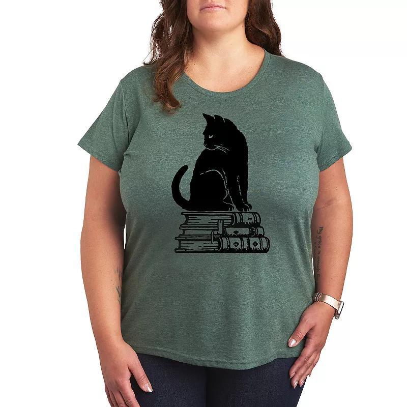 Plus Black Cat Books Graphic Tee, Womens Grey Green Product Image