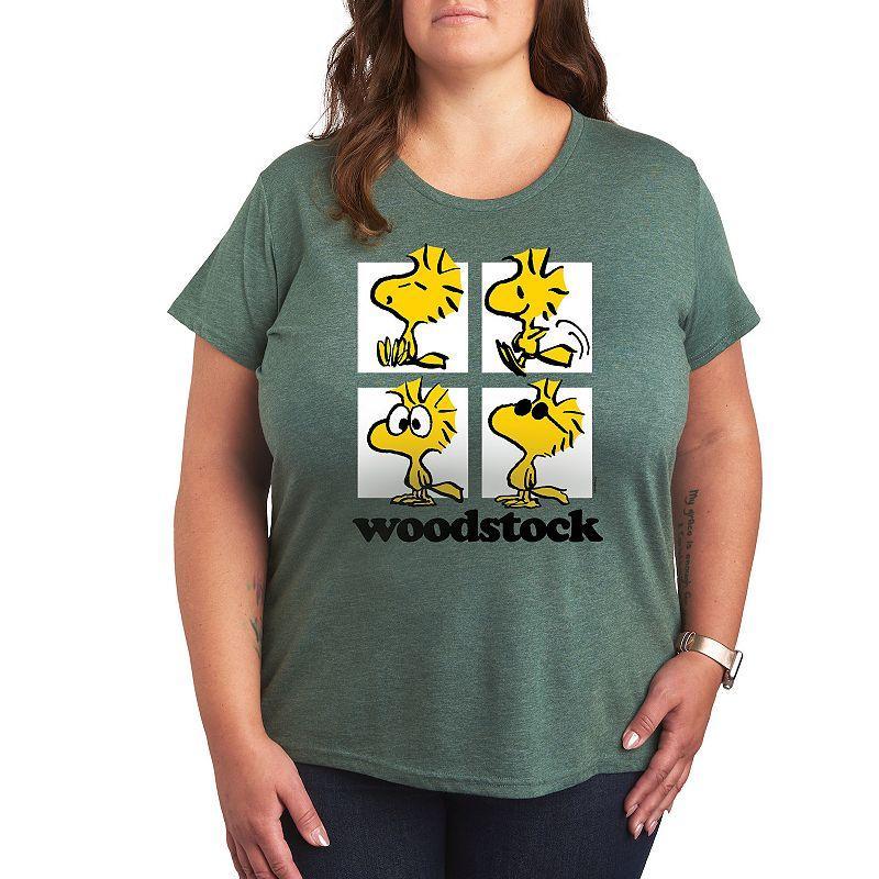 Plus Peanuts Woodstock Grid Graphic Tee, Womens Grey Green Product Image