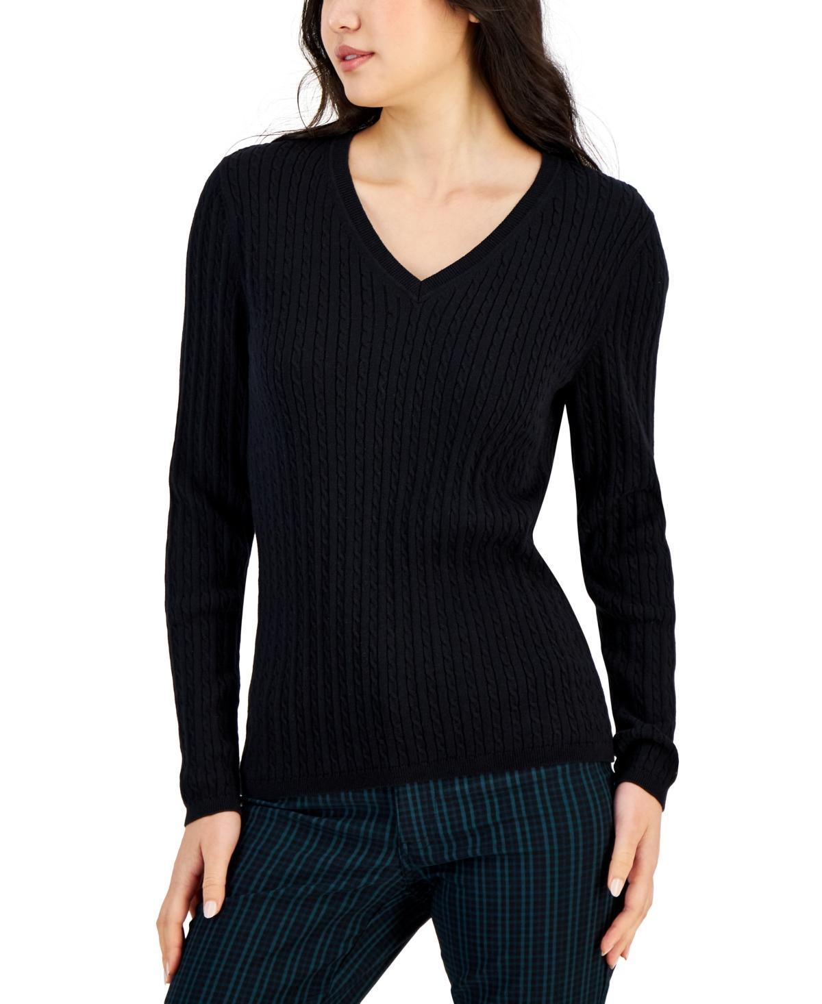 Tommy Hilfiger Womens Cotton Cable Ivy V-Neck Sweater Product Image