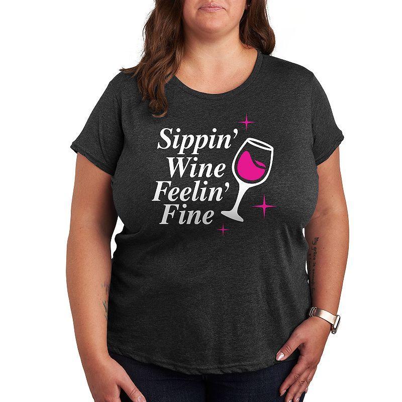 Plus Sippin Wine Feelin Fine Graphic Tee, Womens Heather Grey Product Image