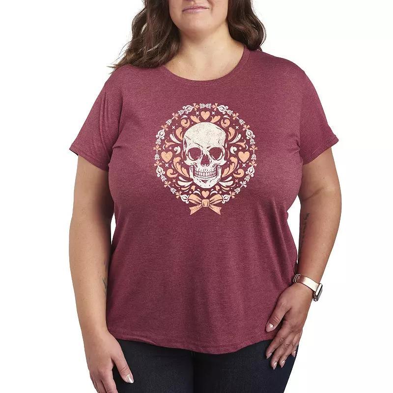 Plus Size Coquette Skull Graphic Tee, Womens Grey Dark Red Product Image