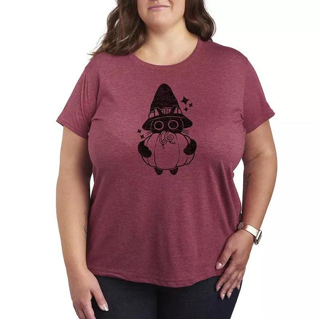 Plus Size Witch Cat With Pumpkin Graphic Tee, Womens Grey Dark Red Product Image