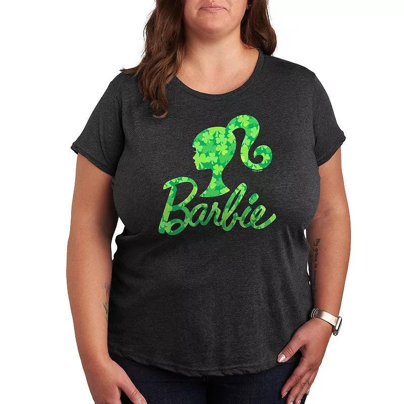 Plus Size Barbie Logo Shamrock Pattern Graphic Tee, Womens Heather Grey Product Image