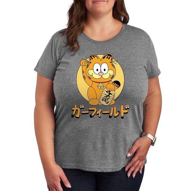 Plus Garfield Lucky Cat Graphic Tee, Womens Med Grey Product Image