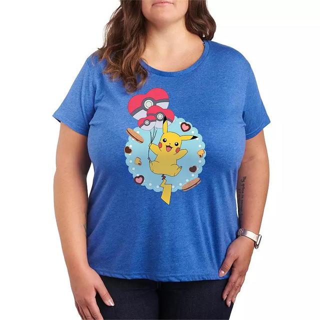 Plus Size Pokemon Pikachu Balloon Hearts Graphic Tee, Womens Grey Royal Blue Product Image