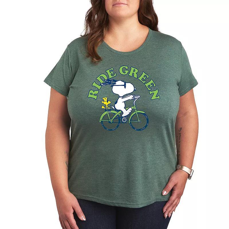 Plus Peanuts Snoopy & Woodstock Ride Green Graphic Tee, Womens Med Grey Product Image