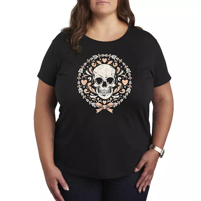 Plus Size Coquette Skull Graphic Tee, Womens Grey Dark Red Product Image