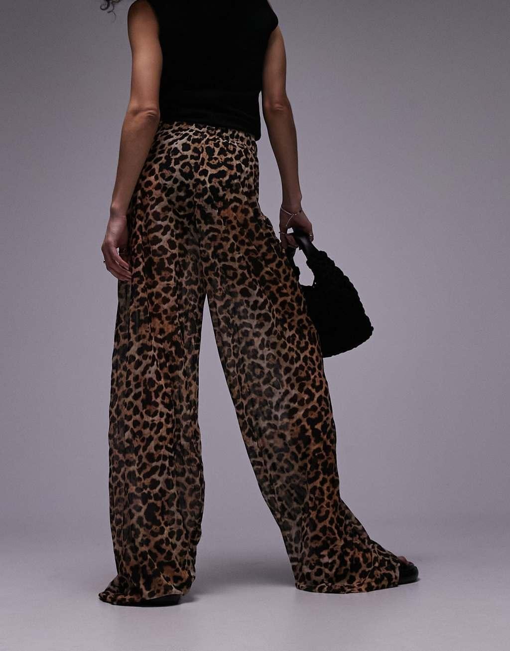 Topshop leopard print sheer crinkle pants in brown Product Image