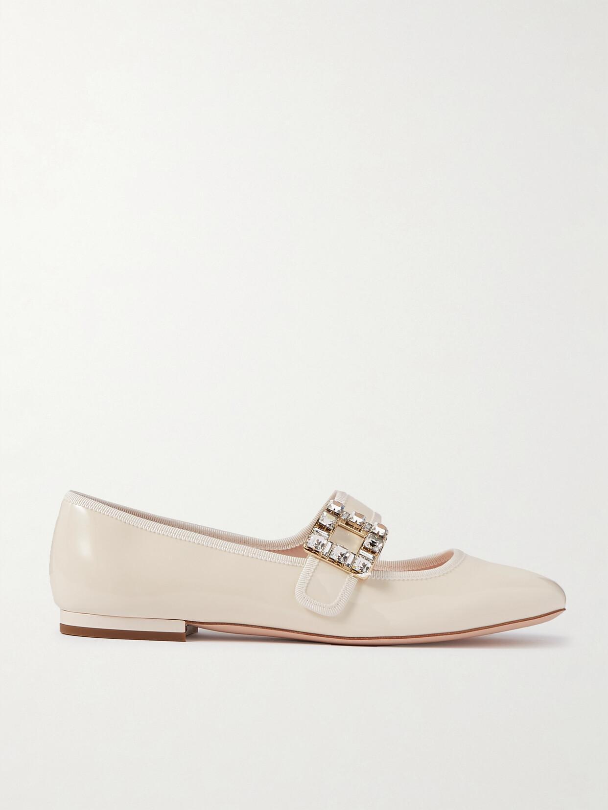 ROGER VIVIER Très Vivier Crystal-embellished Glossed-leather Ballet Flats In Offwhite Product Image