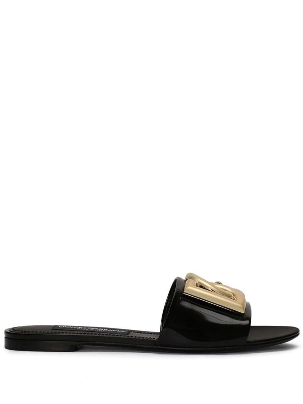 DOLCE & GABBANA Logo-plaque Leather Slides In Black product image