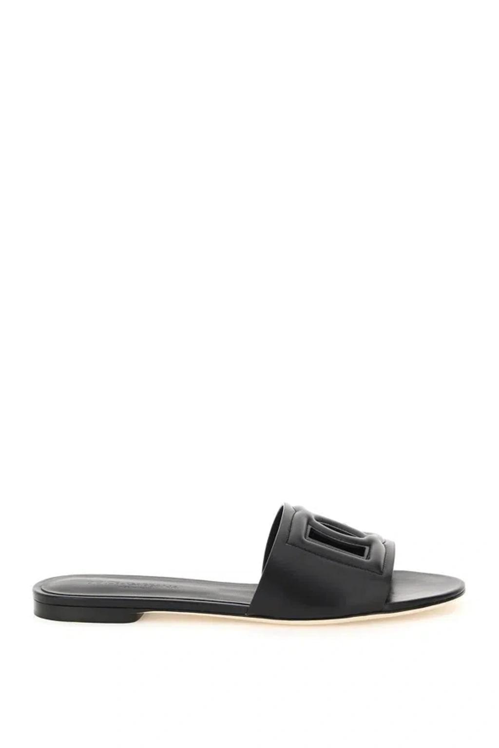 DOLCE & GABBANA Women's Leather Slides With Cut-out Logo In Black Product Image