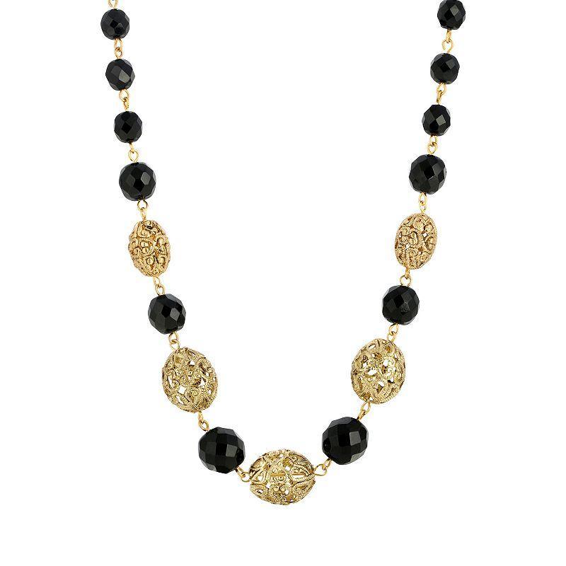 1928 Gold Tone Filigree Bead and Black Beaded Necklace, Womens Product Image