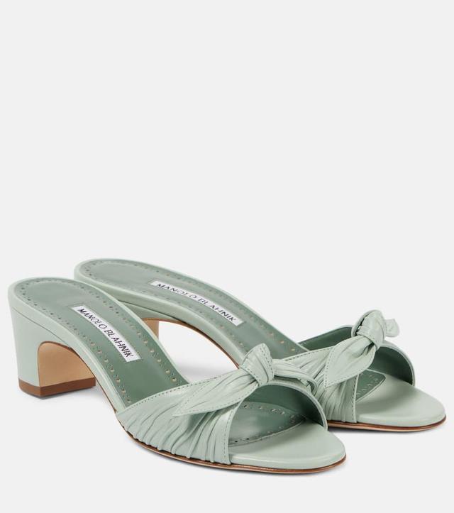 MANOLO BLAHNIK Lolloso 50 Bow-detail Leather Mules In Green Product Image