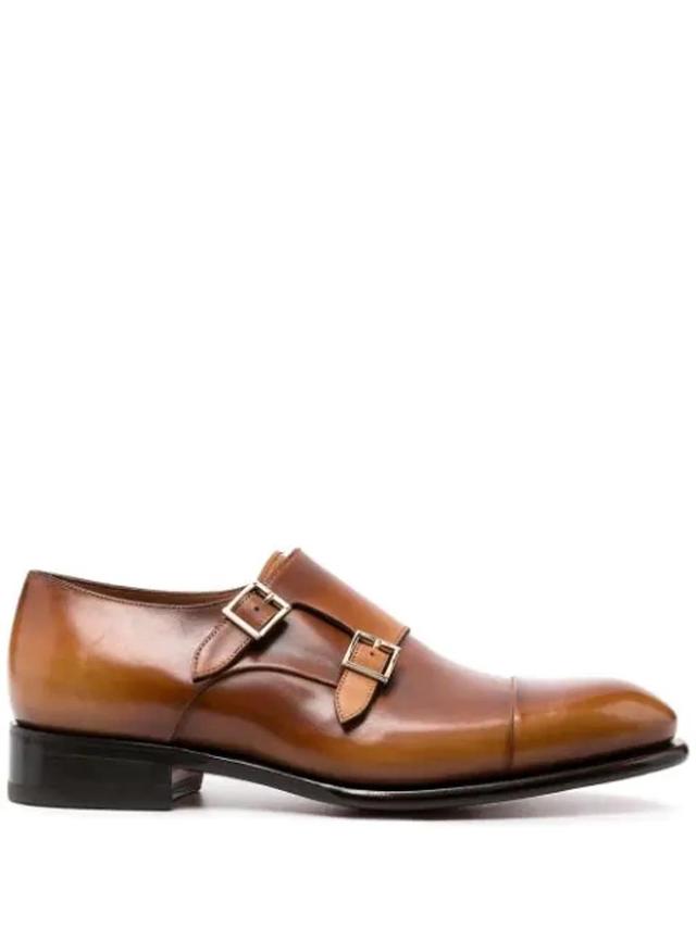 SANTONI Double-buckle Polished Monk Shoes In Mid Brown Product Image