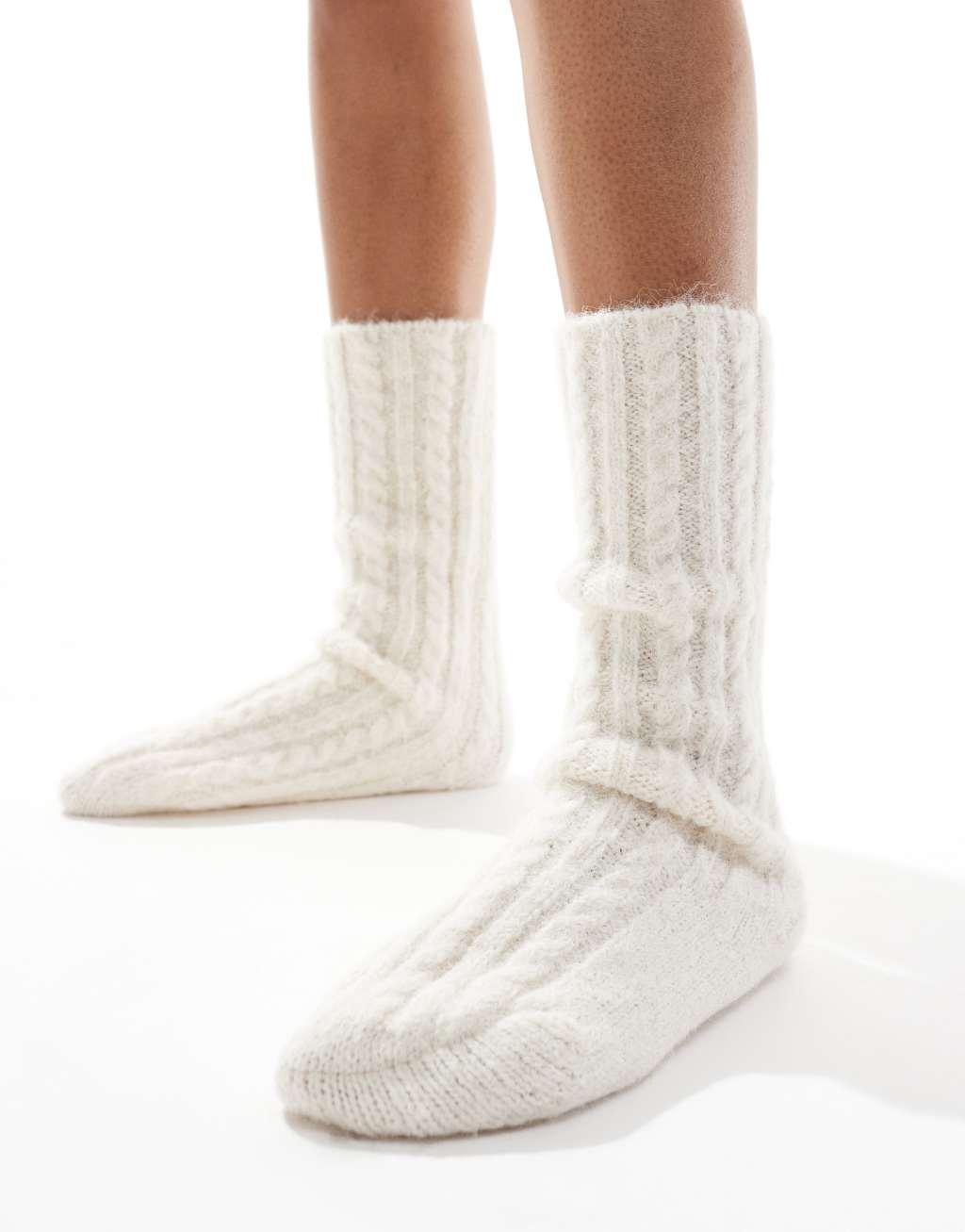 ASOS DESIGN chunky cable knit lounge socks in beige Product Image