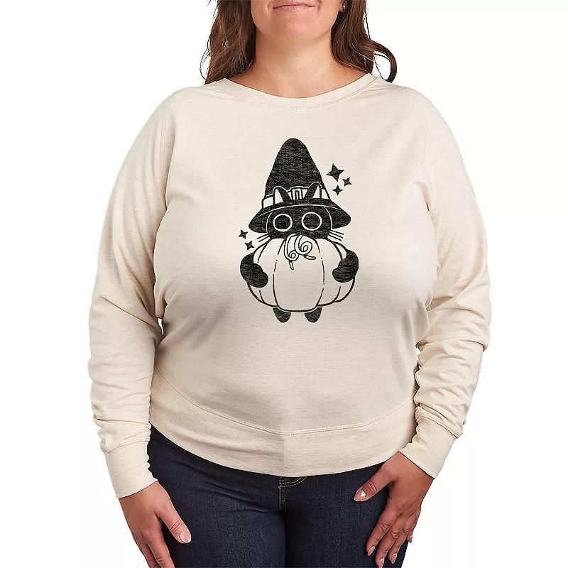 Plus Size Witch Cat With Pumpkin Lightweight French Terry Sweatshirt, Womens Grey Dark Red Product Image