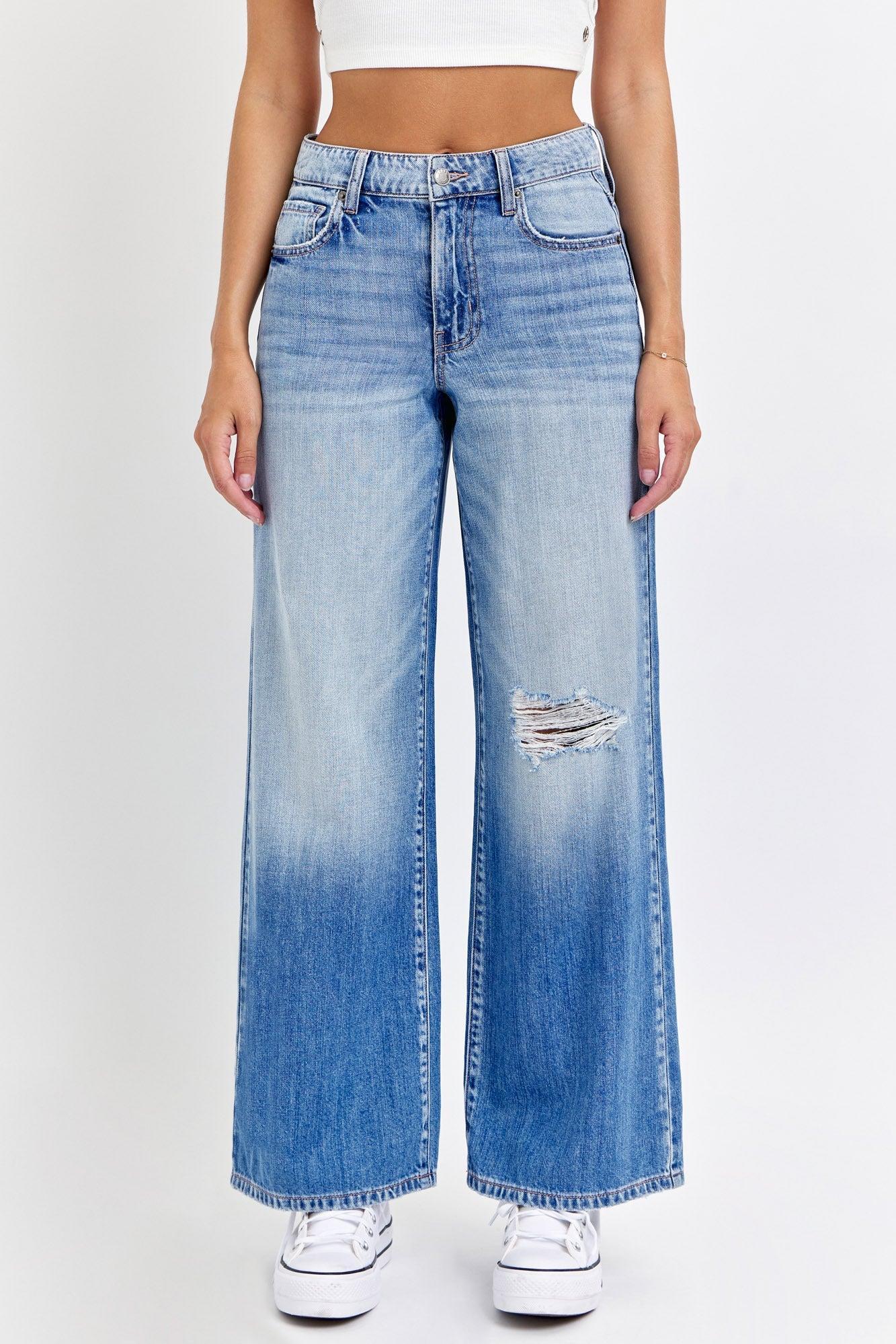 Medium Light Wash Destroyed Wide Leg Jeans Product Image