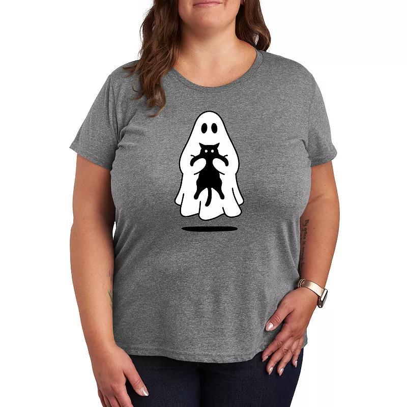 Womens Ghost Holding Black Cat Graphic Tee Grey Gray Product Image