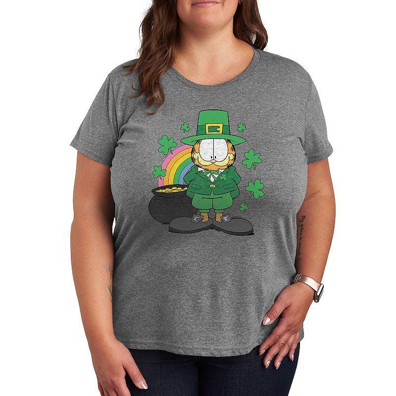 Plus Garfield Rainbow Shamrocks Graphic Tee, Womens Grey Gray Product Image