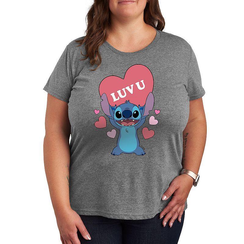 Disneys Lilo & Stitch Plus Luv U Heart Graphic Tee, Womens Grey Gray Product Image