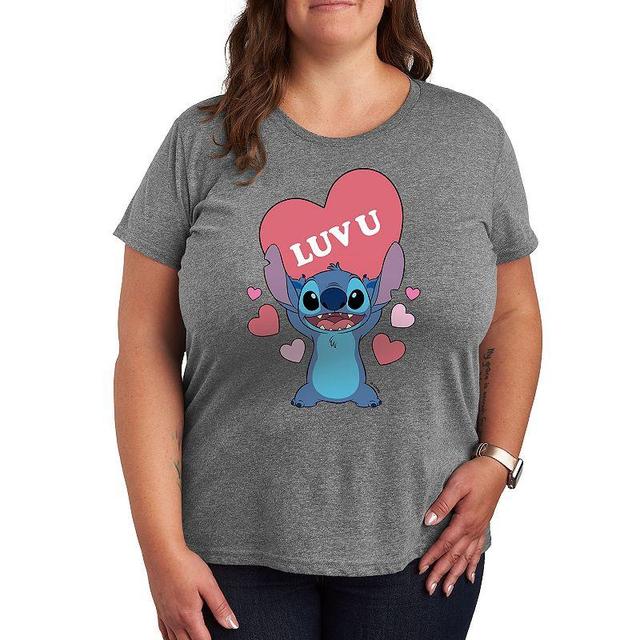 Disneys Lilo & Stitch Plus Luv U Heart Graphic Tee, Womens Grey Dark Red Product Image