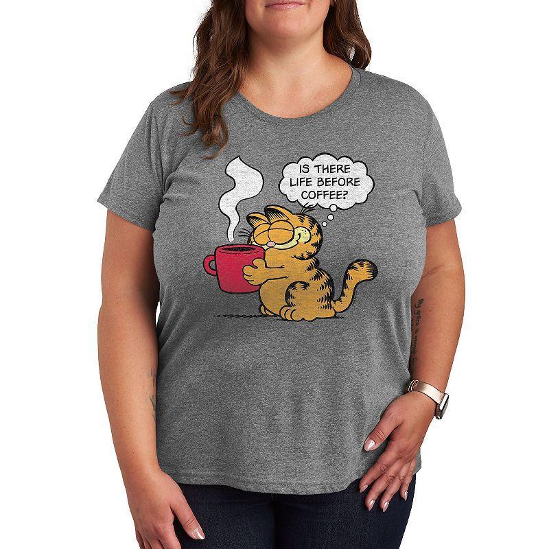 Plus Garfield Life Before Coffee Graphic Tee, Womens Grey Gray Product Image