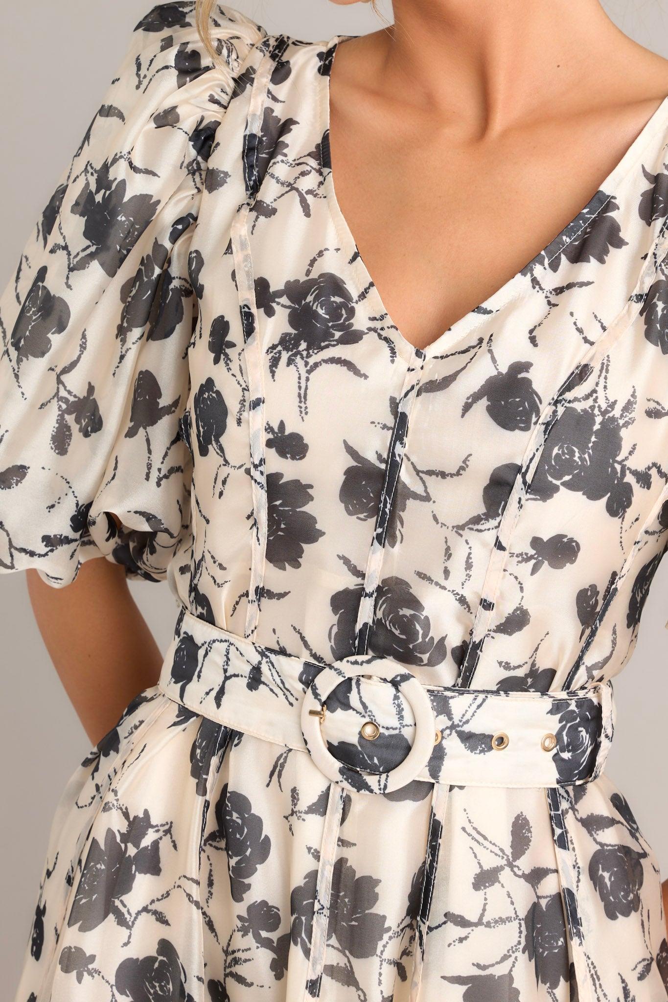 Blossoming Resilience Ivory & Black Floral Belted Midi Dress Product Image