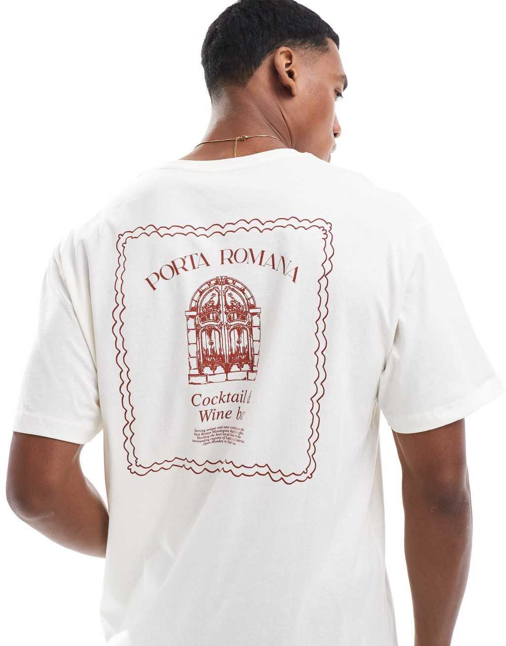 Jack & Jones oversized T-shirt with Porta Romana print in beige Product Image