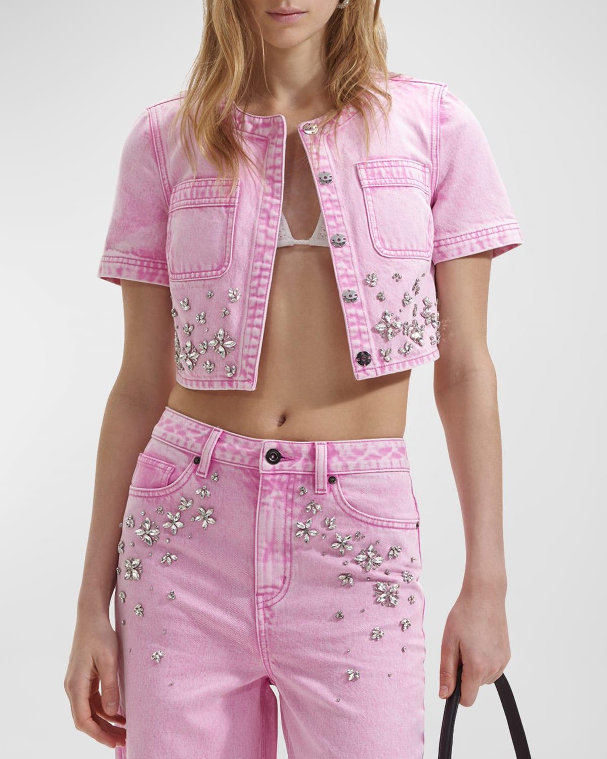 Rhinestone-Embellished Short-Sleeve Denim Crop Top product image