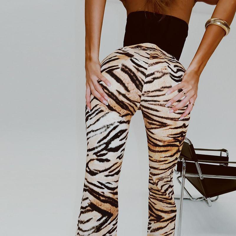 High Waist Tiger Print Flared Pants Product Image