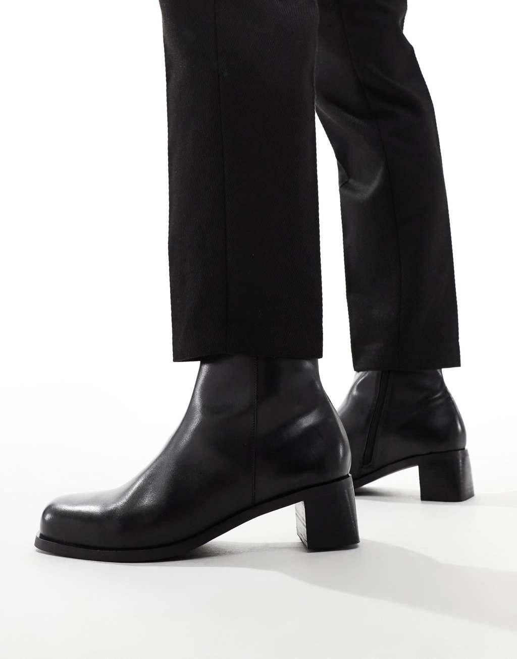 ASOS DESIGN leather heeled boots in black Product Image