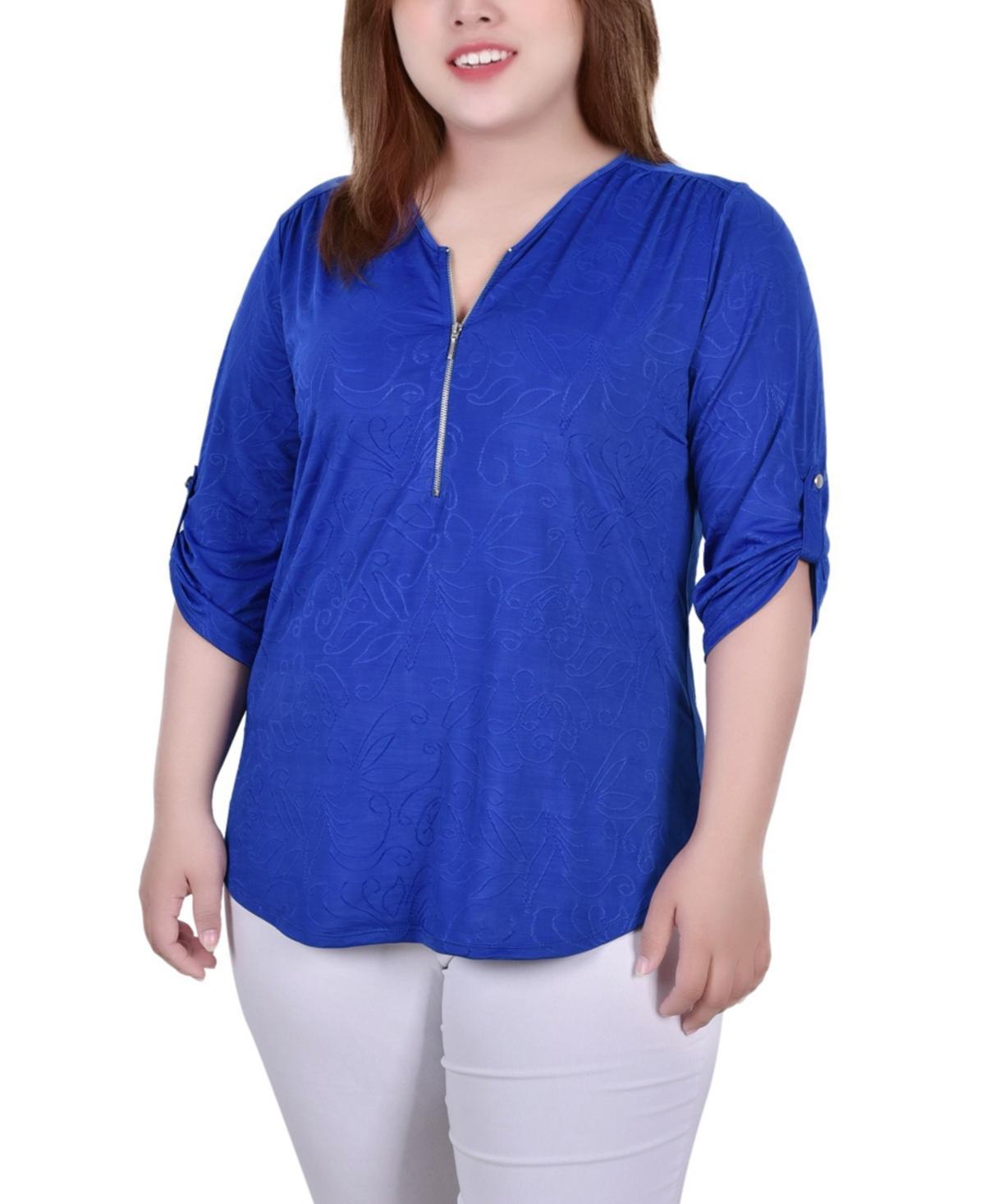 Ny Collection Plus Size 3/4 Roll Tab Zip Front Jacquard Knit Top Product Image