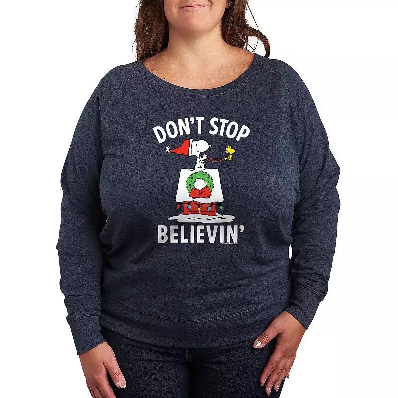 Plus Size Peanuts Believe Snoopy Lightweight French Terry Sweatshirt, Womens Grey Indigo Product Image