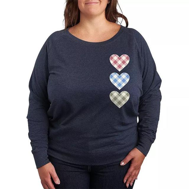 Plus Size Gingham Hearts Lightweight French Terry Sweatshirt, Womens Grey Indigo Product Image