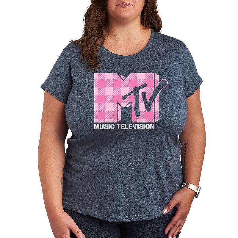 Plus MTV Pink Plaid Graphic Tee, Womens Grey Blue Product Image