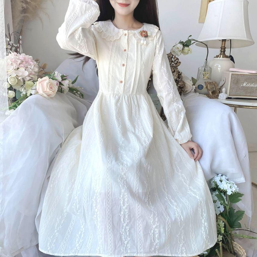 Long-Sleeve Peter Pan Collar Floral Embroidered Pintuck Half-Buttoned Midi A-Line Dress Product Image