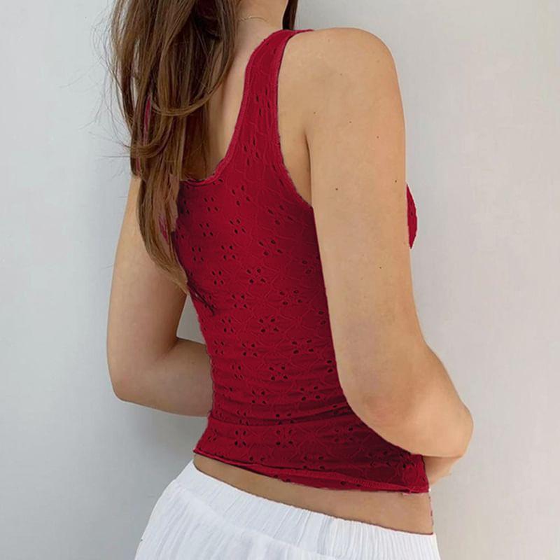 V-Neck Plain Pointelle Tie-Front Slim-Fit Tank Top Product Image